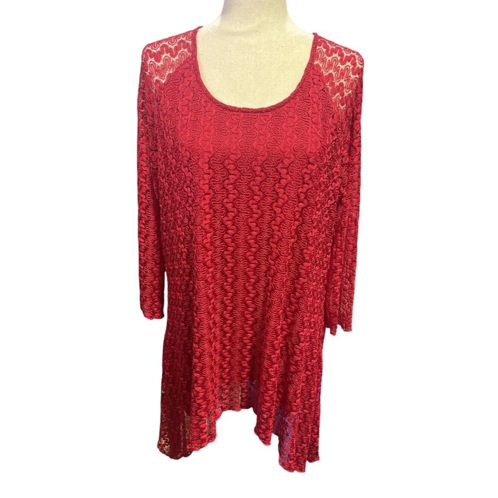 Indigo Soul Women's 2XL Tunic Top Red S Lace Lined Blouse Asymmetrical Hem Plus